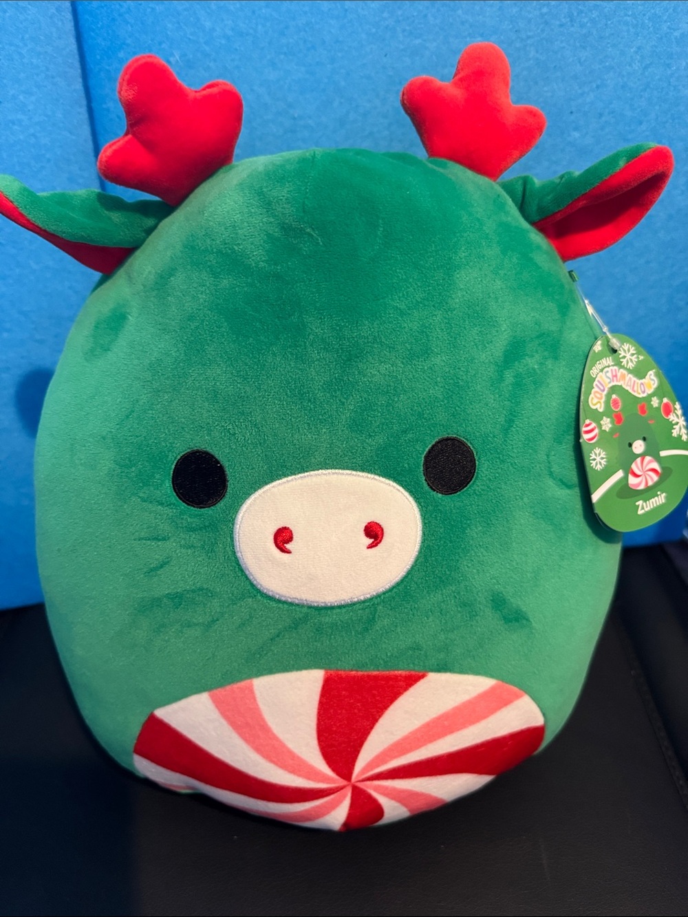 Umi Green Reindeer Plush with Red Antlers and Peppermint Belly